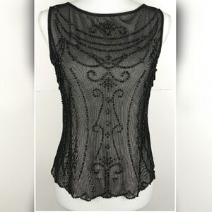 Black sleeveless beaded mesh stretch top